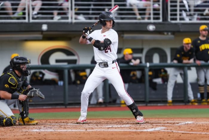 Georgia outfielder Charlie Condon waits for a pitch against the Iowa Hawkeyes.